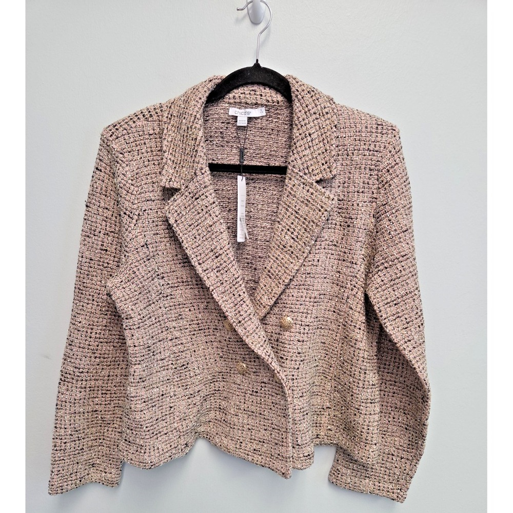 CHICO'S NWT Cardigan Blazer Double Breasted Taupe Tweed Gold Buttons Lg (Size 2)